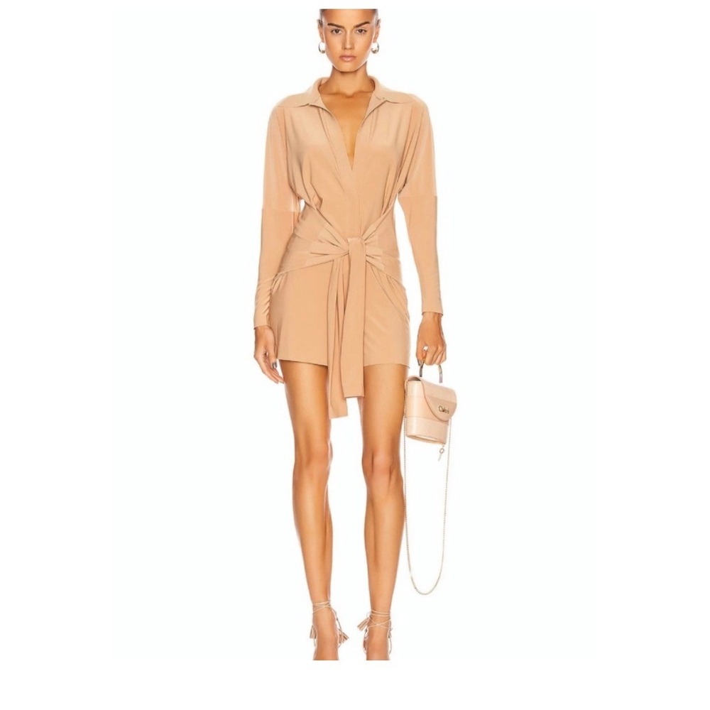 Norma Kamali Minimalist Tan Long Sleeve Tie Front Designer Romper Playsuit S - Picture 2 of 16